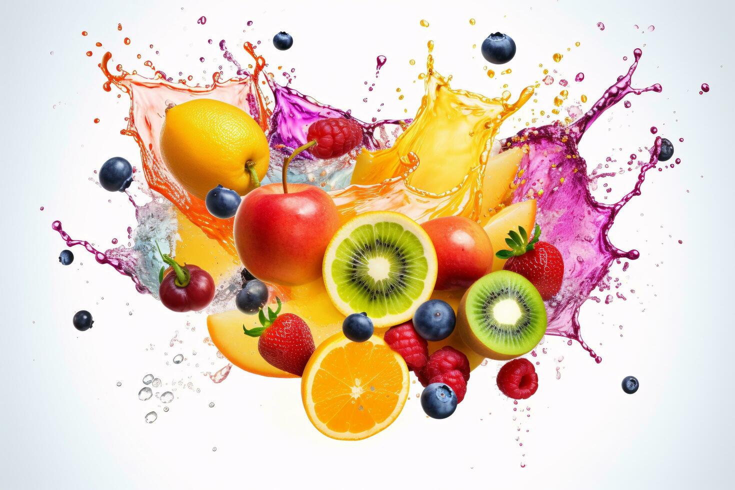 AI Generated Photo of colorful fruit splatter on a plain background splash of juice