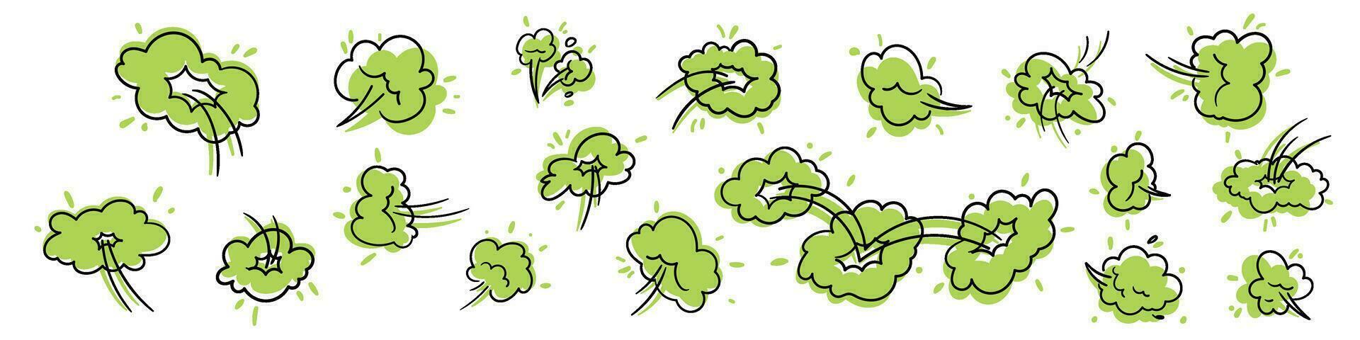 Cartoon icon of stinky green cloud bad odor, farts, or toxic gas. Smell or poison. Flat vector illustration isolated on white background.