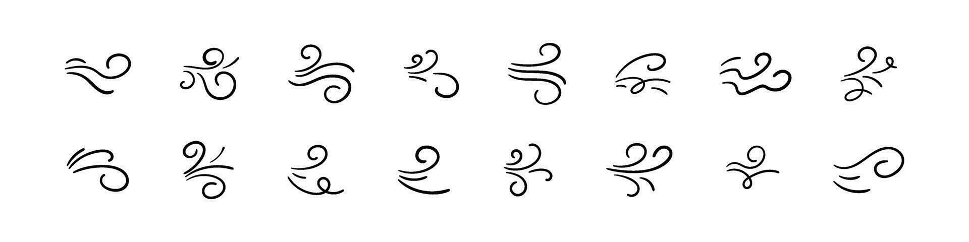 Wind and air flow icons gusts, scent and motion elements for freshness or speed. Flat vector illustration isolated on white background.
