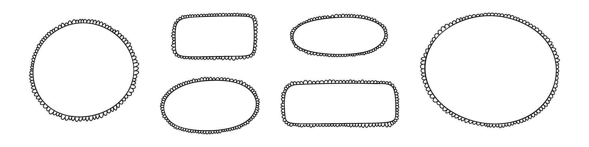 Hand drawn scallop edge frame circles and rectangles. labels, ribbons, or paper crafts. Flat vector illustration isolated on white background.