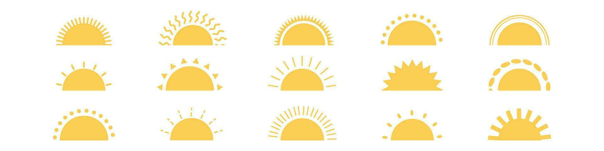 Sun icon set. Sunrise, sunset, rays, and sunburst elements. Flat vector illustration isolated on white background.