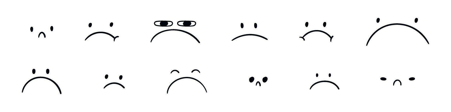 Set of cartoon character faces with emotions like sadness with doodle eyes. Flat vector illustration isolated on white background.
