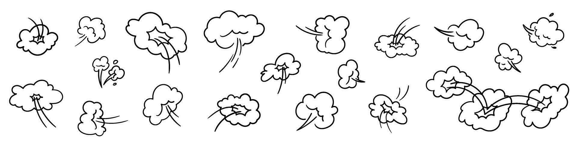 Comic boom effect cartoon style clouds, smoke, and speed lines. motion, explosions, bangs, puff effects in doodle line. Flat vector illustration isolated on white background.