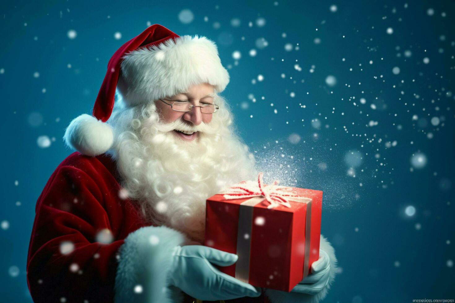 Happy Santa Claus opening christmas gift box over snowy blue background with copy space space. ai generated photo