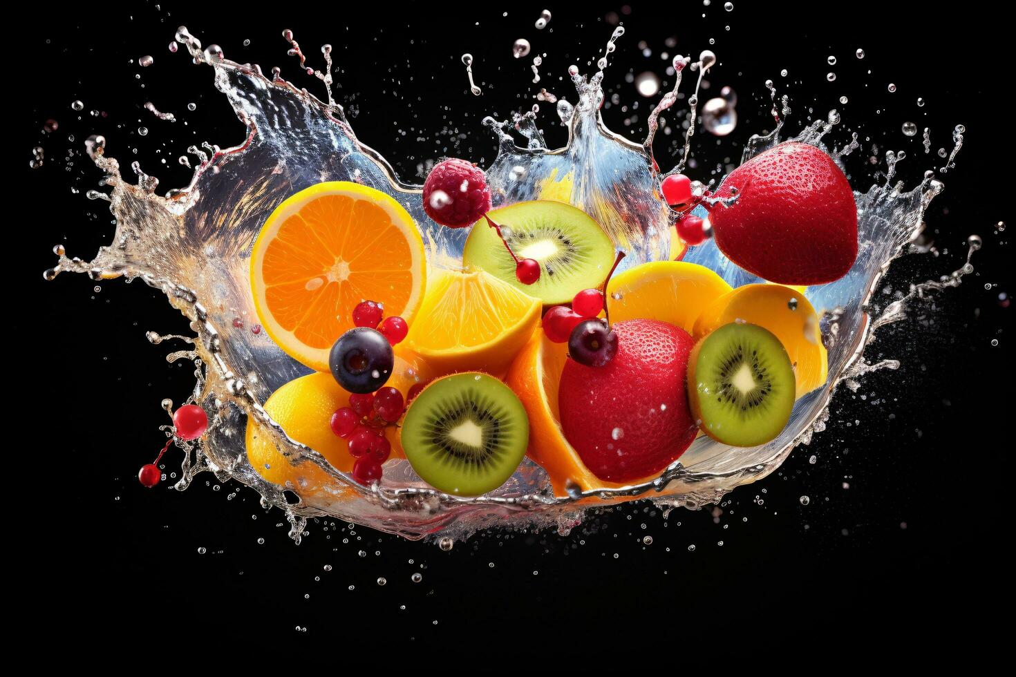 AI Generated Photo of colorful fruit splatter on a plain background splash of juice