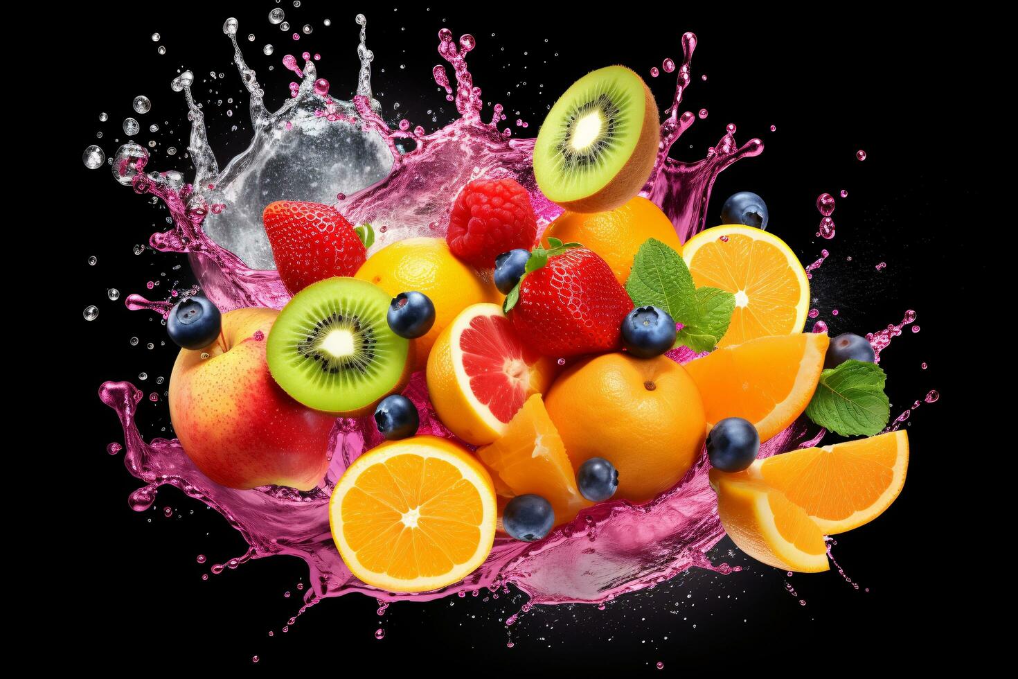AI Generated Photo of colorful fruit splatter on a plain background splash of juice
