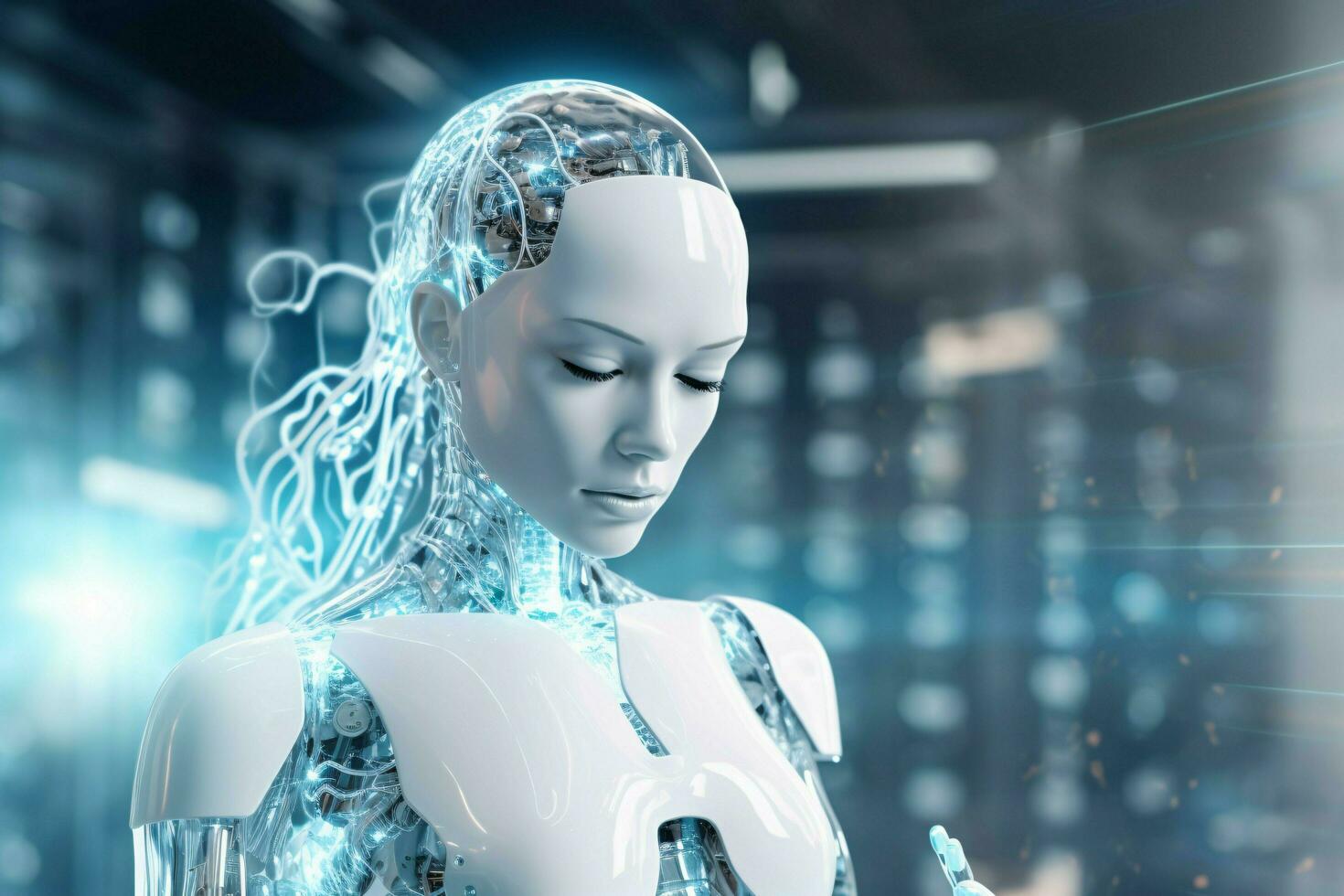 White humanoid woman using digital artificial intelligence icon hologram 3D rendering ai generated photo