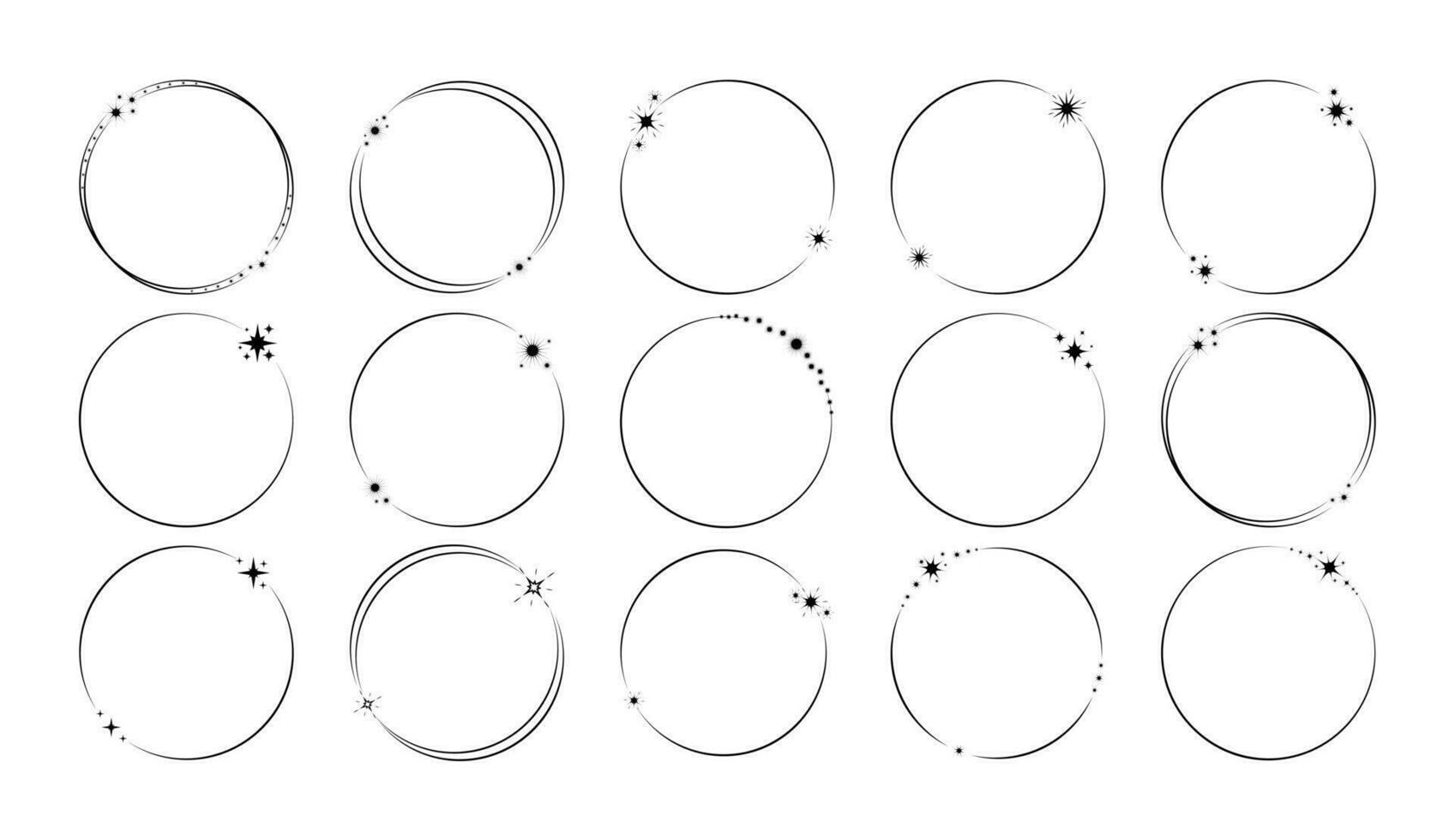 Modern minimalist aesthetic line elements, trendy y2k linear frames with stars. Star circle frame set. Vector illustration