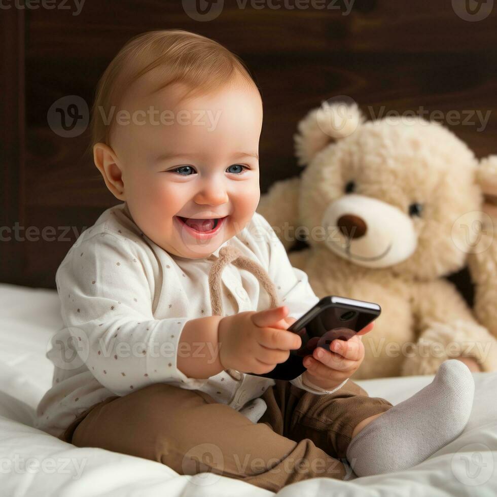 Baby boy playing mobile photo