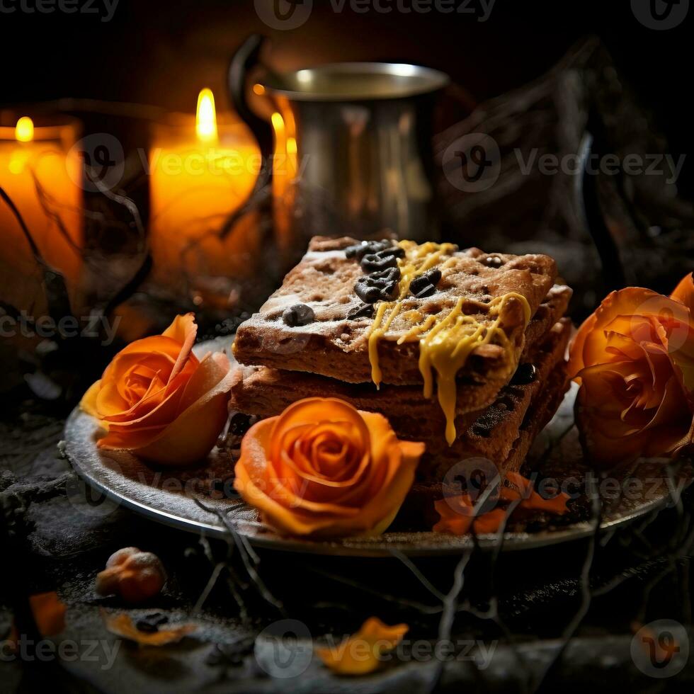 Tea, cookies, roses, dark photo