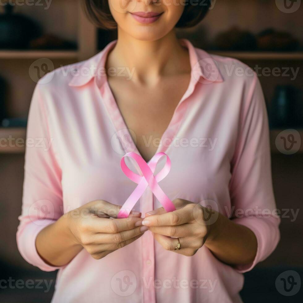 Pink ribbon in hands photo