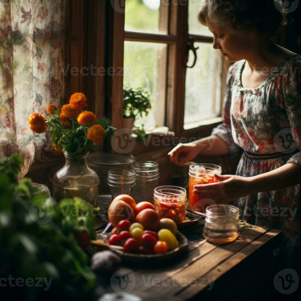 Girl preparing food kitchen photo