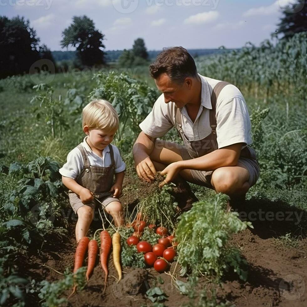 Harvesting vegetables happy family photo