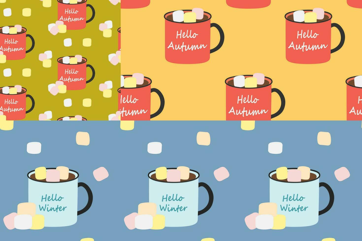 Set of 3 seamless patterns with mug, warm drink, marshmallow and seasonal lettering in trendy shades vector