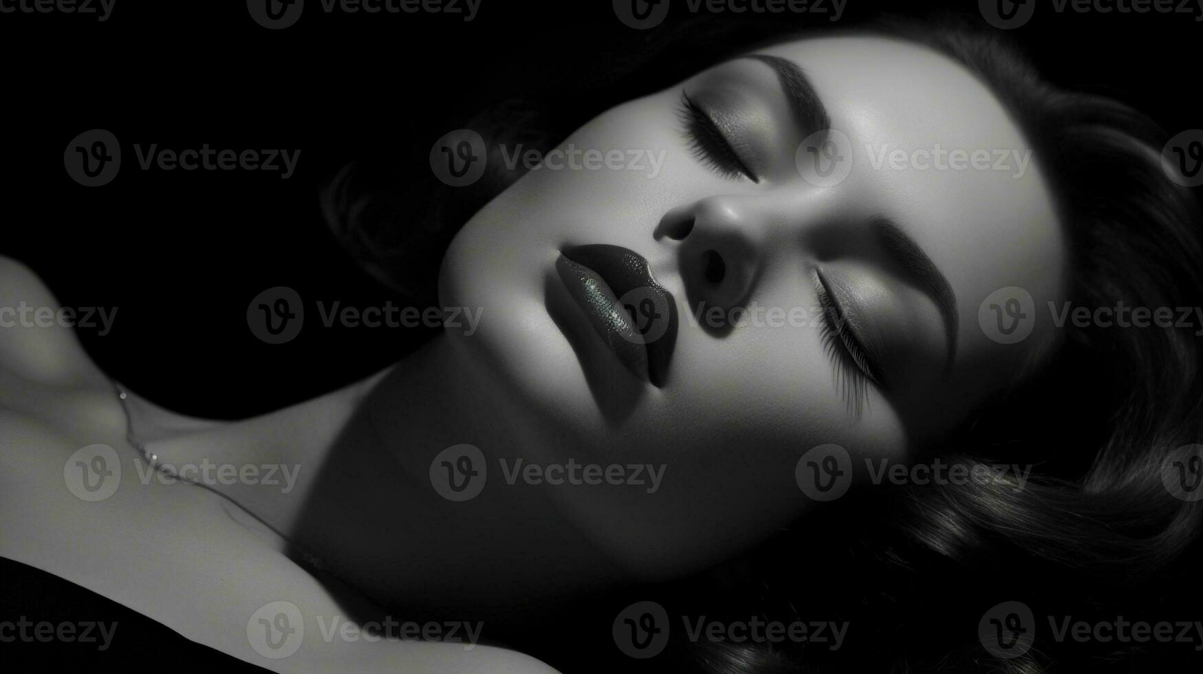 young beautiful woman lying on a black and white background Generative AI, AI Generated photo