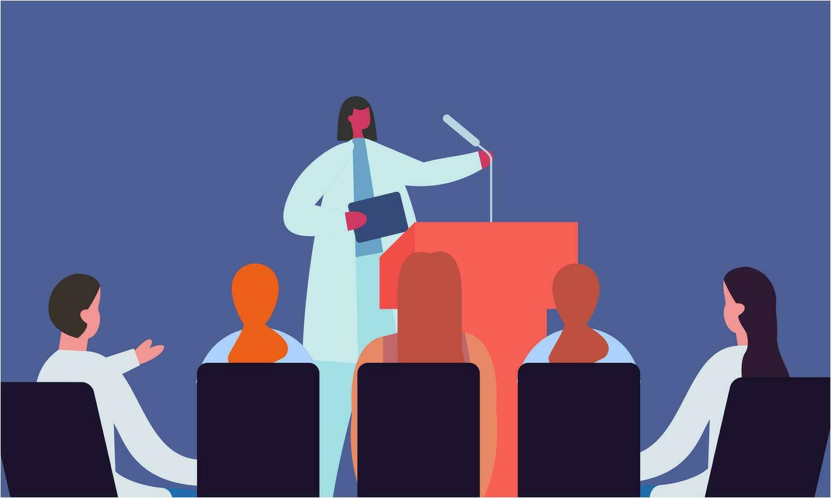 Cartoon pharmacist giving presentation on seminar. Doctor making announcement to audience flat vector illustration. Healthcare, medicine, meeting concept