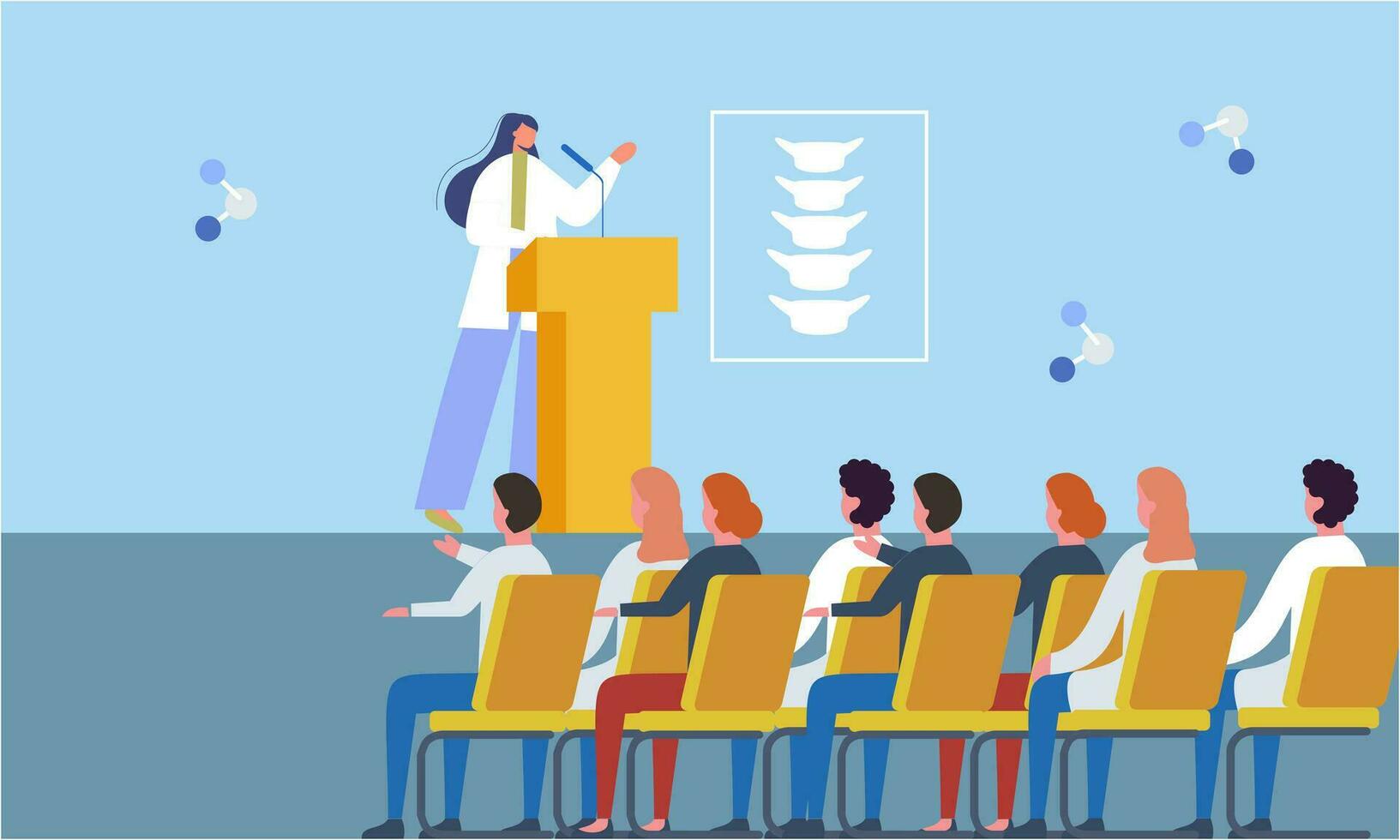 Cartoon pharmacist giving presentation on seminar. Doctor making announcement to audience flat vector illustration. Healthcare, medicine, meeting concept