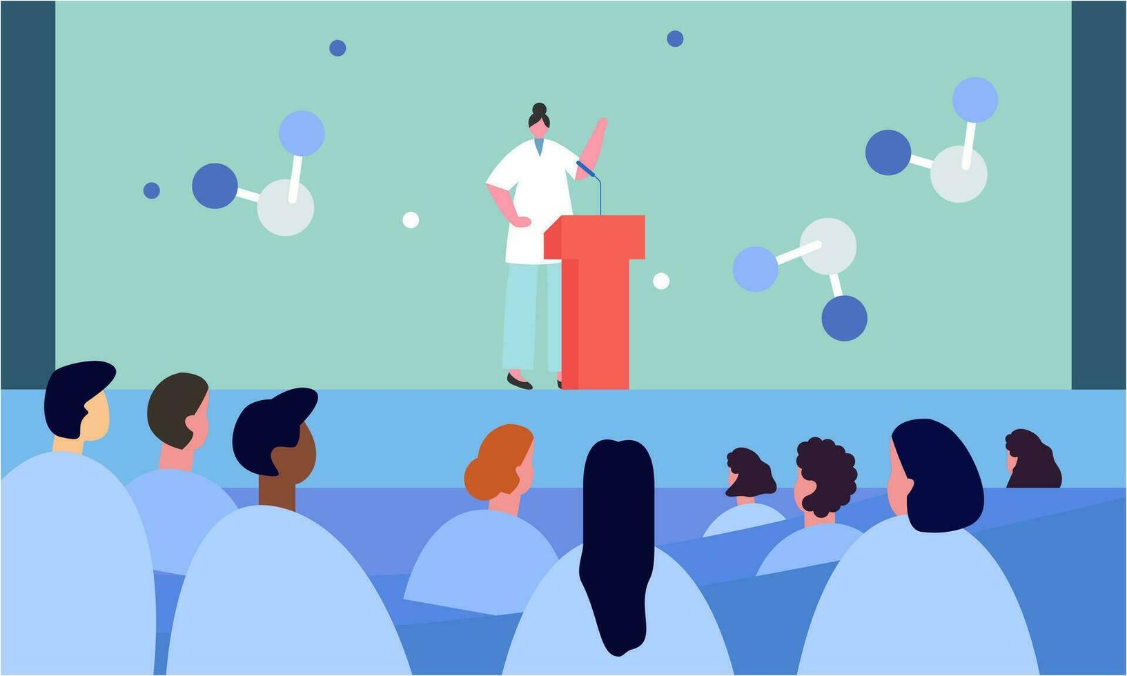 Cartoon pharmacist giving presentation on seminar. Doctor making announcement to audience flat vector illustration. Healthcare, medicine, meeting concept