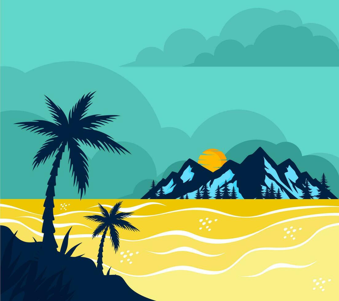 summer mountain on the sea with palm vector background