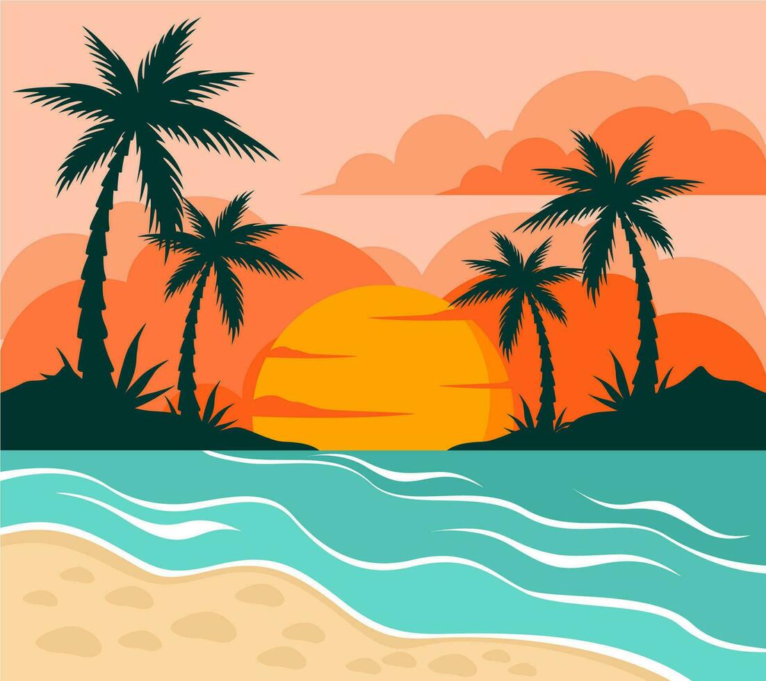 Summer paradise with sunset on view landscape vector background