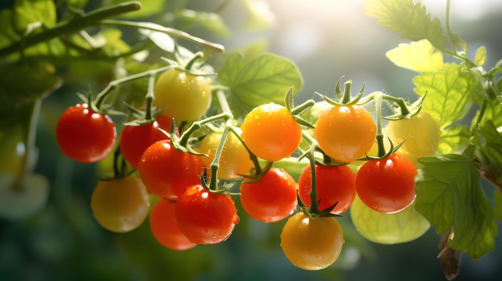 fresh red tomatoes on a branch in the garden , photo