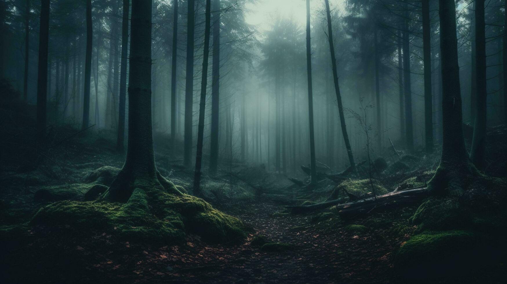 mysterious forest with a path and a mysterious tree in a dark foggy autumn forest Created with AI photo