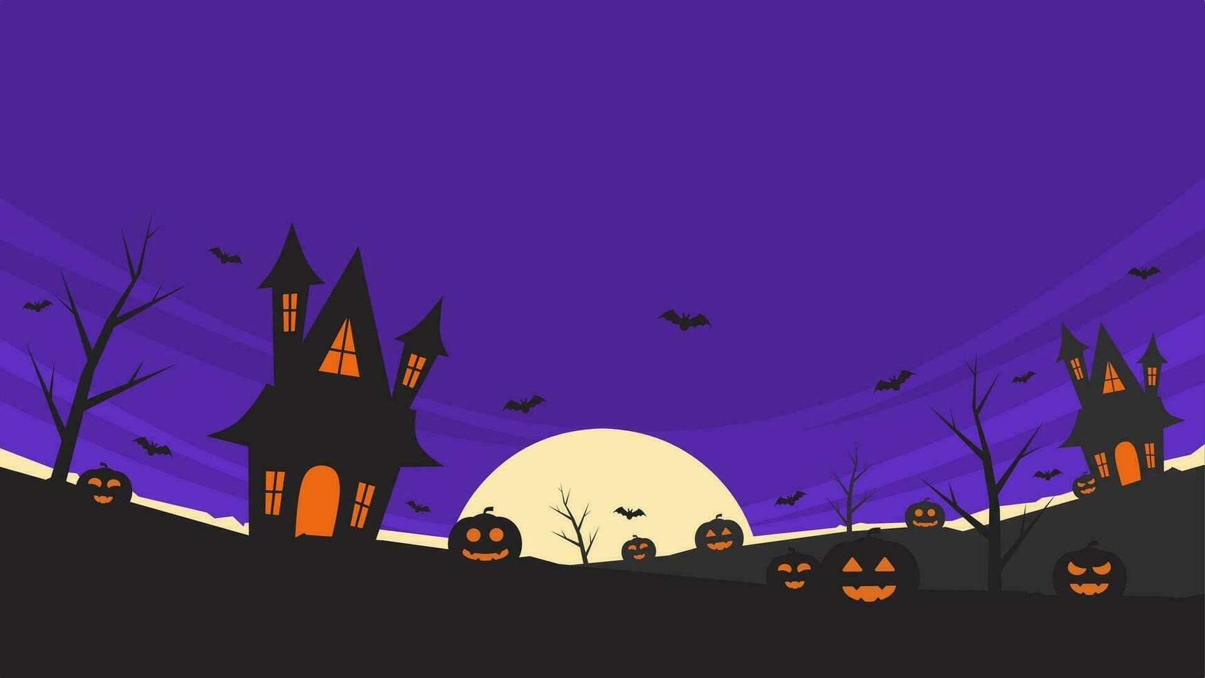 púrpura Víspera de Todos los Santos antecedentes vector ilustración con obsesionado casa y de miedo noche con lleno Luna
