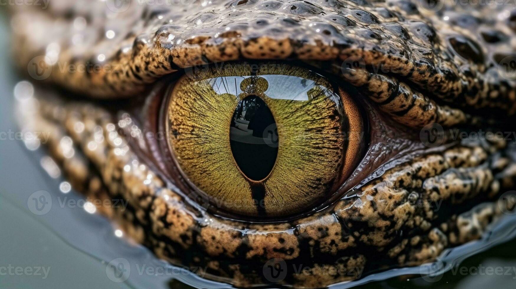 a closeup shot of a black and white crocodile with its open eyes Generative AI, AI Generated photo