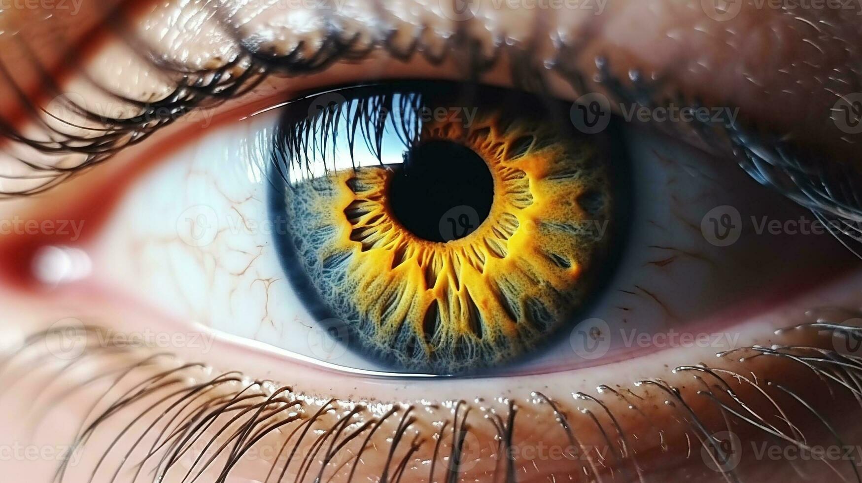 cerca arriba ver de ojo con amarillo pestañas generativo ai, ai generado foto