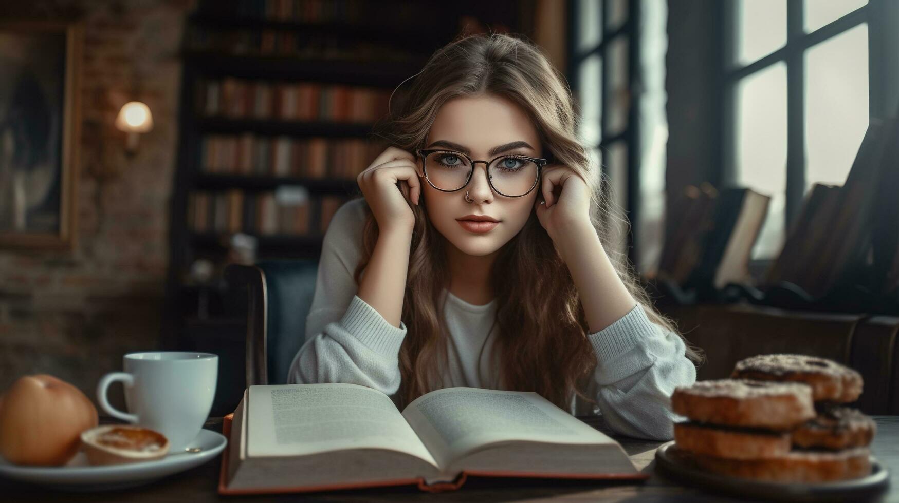 young girl reading a book in the library Created with AI photo