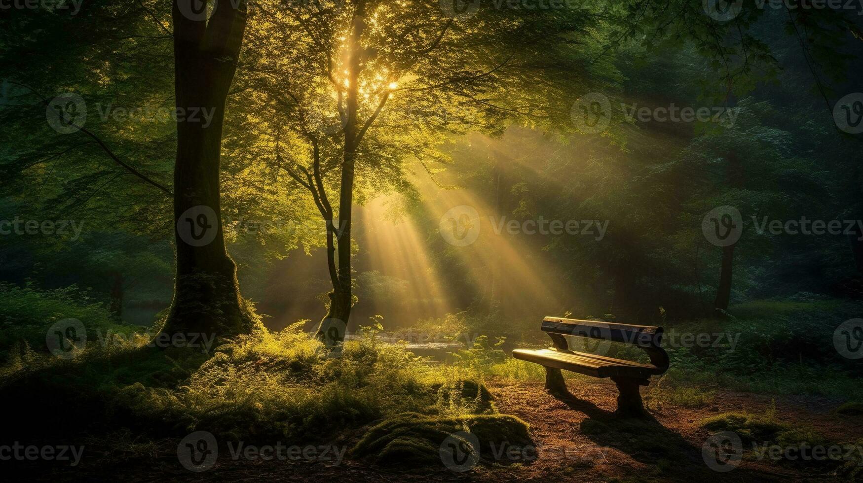 sunbeams on a bench in the forest Generative AI, AI Generated photo
