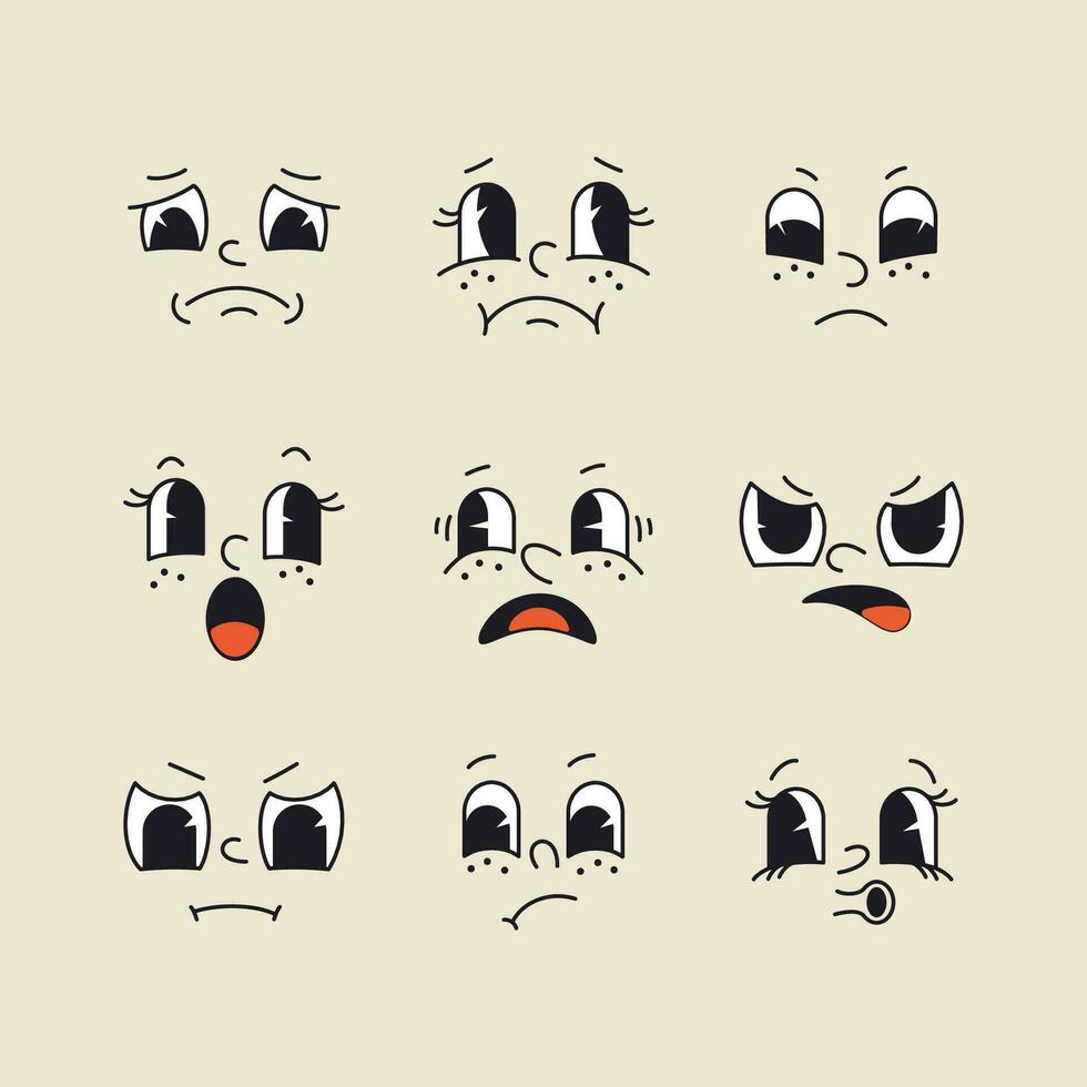 Retro cartoon and comics characters faces. Traditional emotions vector elements. Vintage characters creator for trending illustration. Angry, upset, negative emotions.