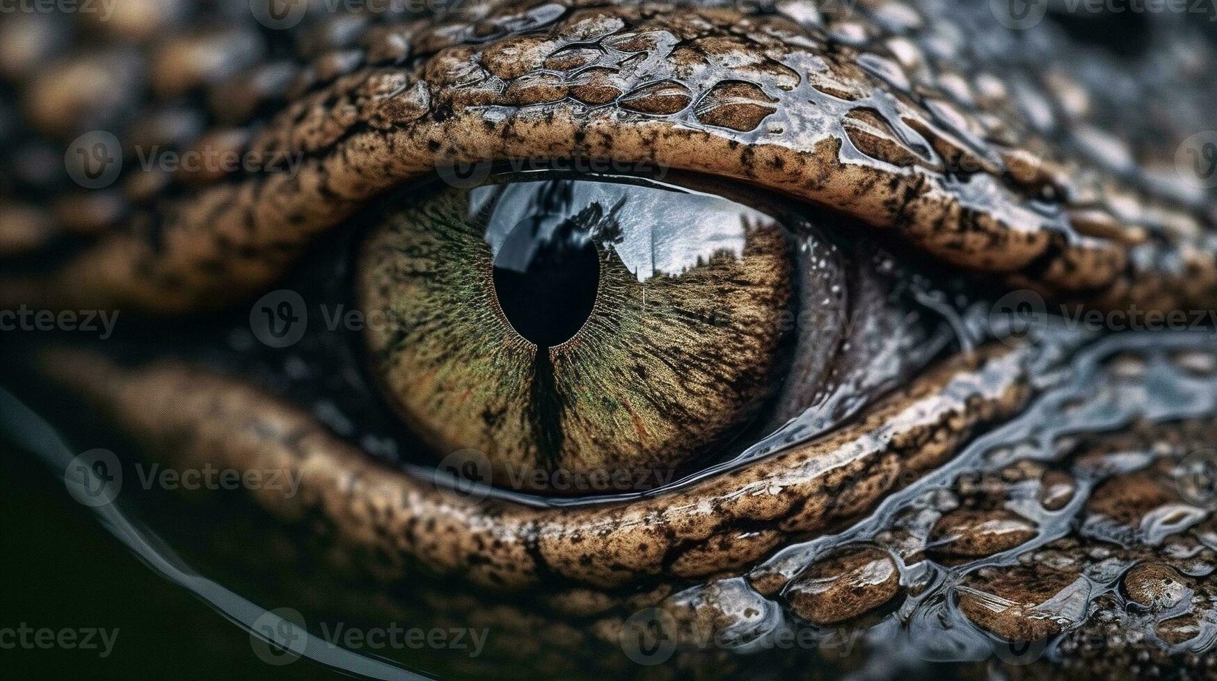 a closeup shot of a black and white crocodile with its open eyes Generative AI, AI Generated photo