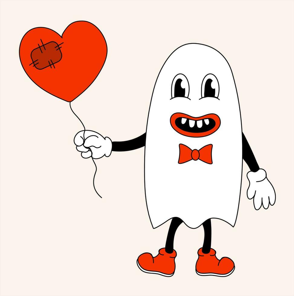 Retro Groovy Halloween Ghost boy with heart balloon. Vector flat.