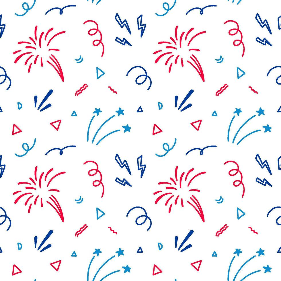 4th of July USA Independence Day doodle seamless pattern. America flag blue, red and white colors. 14th of July Happy National day of France firework design vector