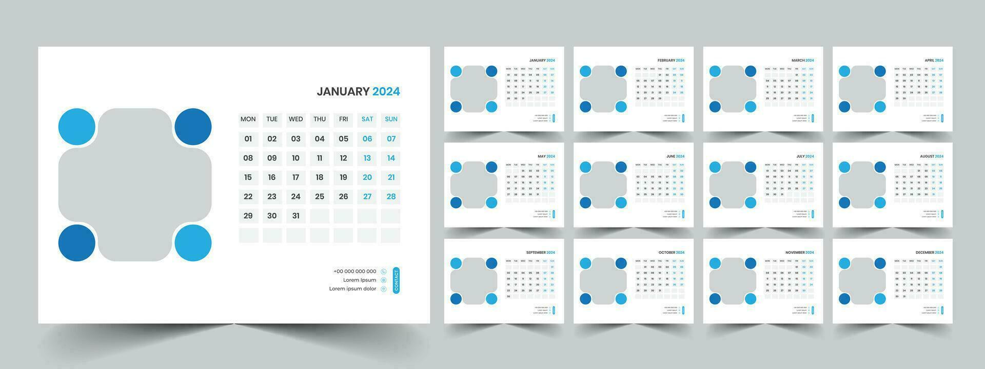 Calendar 2024 planner corporate template design set. Week starts on Monday. template for annual calendar 2024 vector