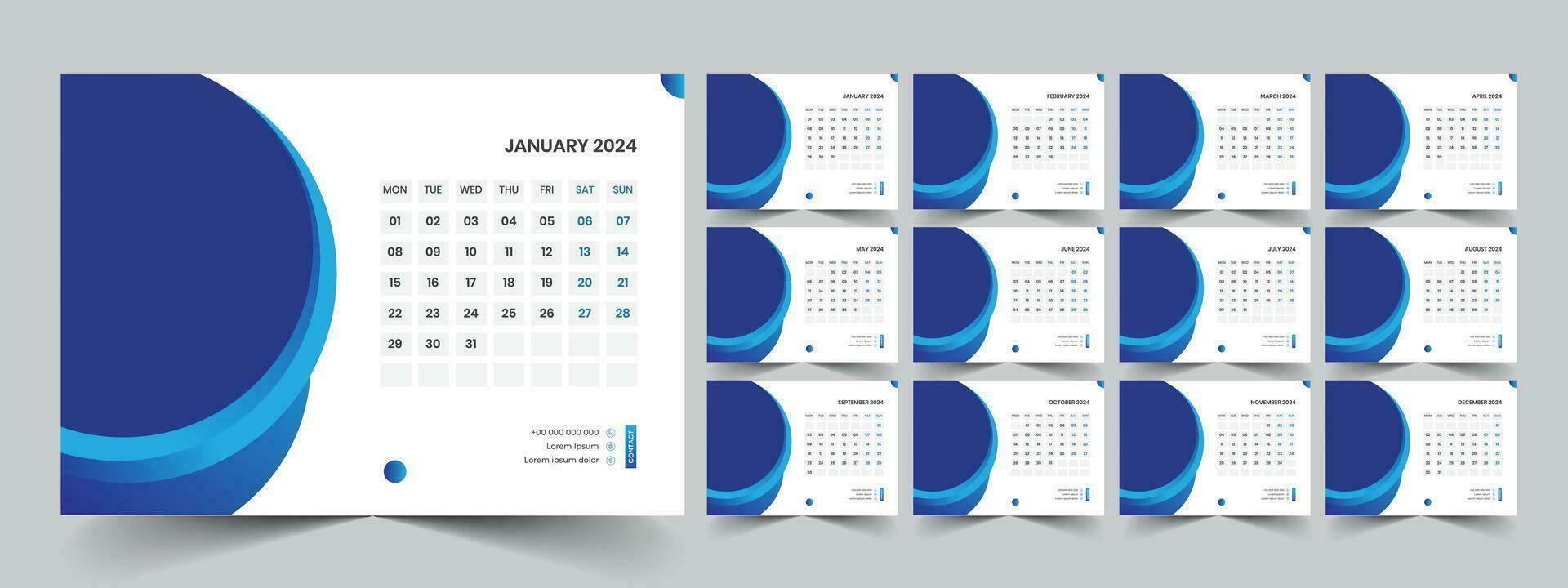 Calendar 2024 planner corporate template design set. Week starts on Monday. template for annual calendar 2024 vector