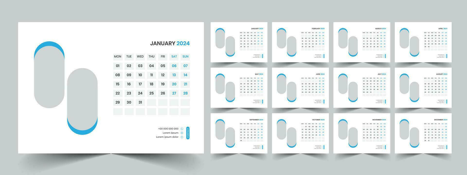 Calendar 2024 planner corporate template design set. Week starts on Monday. template for annual calendar 2024 vector