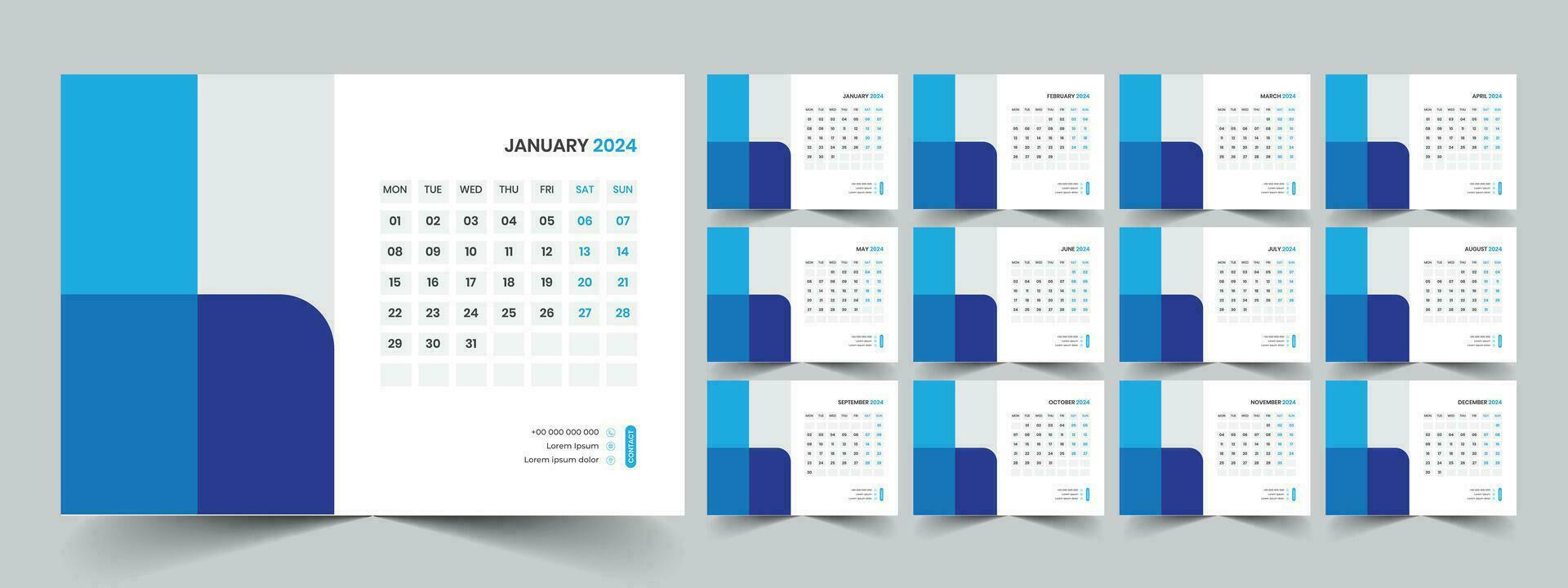 calendario 2024 planificador corporativo modelo diseño colocar. semana empieza en lunes. modelo para anual calendario 2024 vector