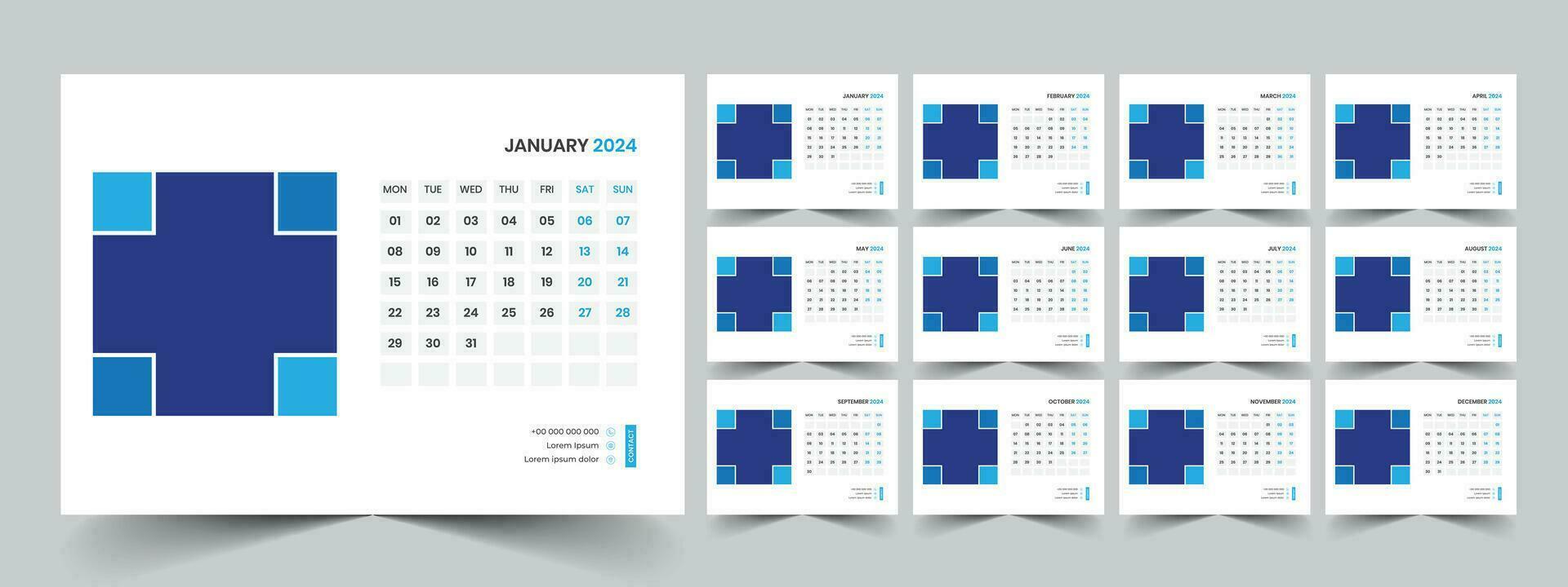 Calendar 2024 planner corporate template design set. Week starts on Monday. template for annual calendar 2024 vector