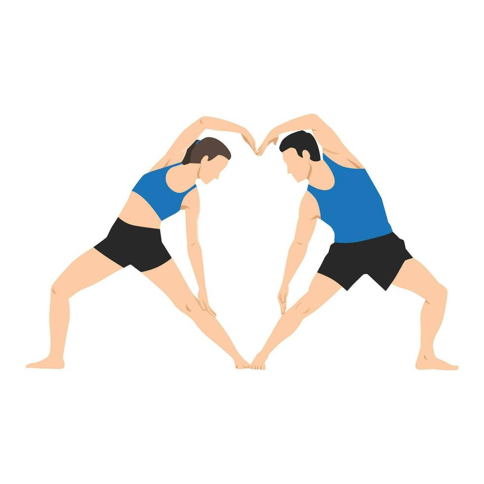 Young couple doing acro yoga exercise making a love sign with body. vector