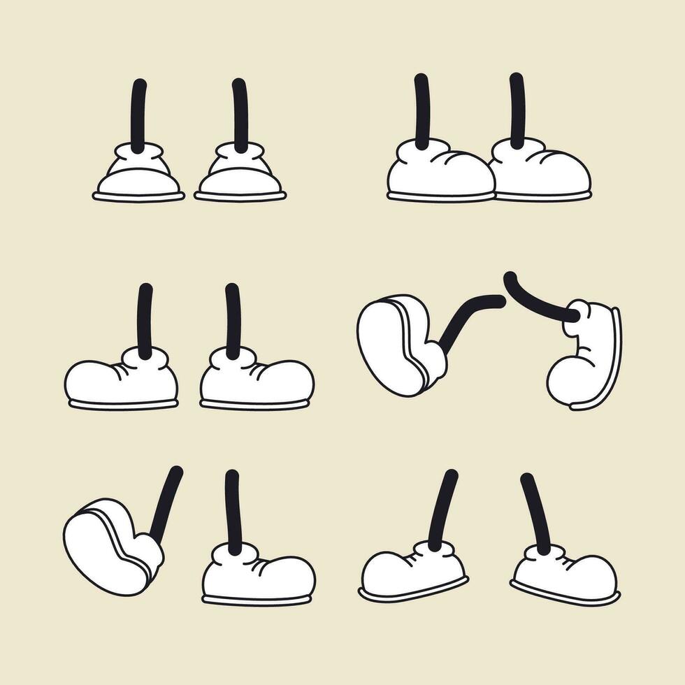 Vintage cartoon feet in shoes. Cute animation character body parts. Comics walking leg poses vector set. Different foot movements and positions.