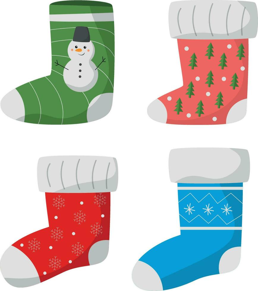 set of Christmas socks with snowman, fir trees and snowflakes vector