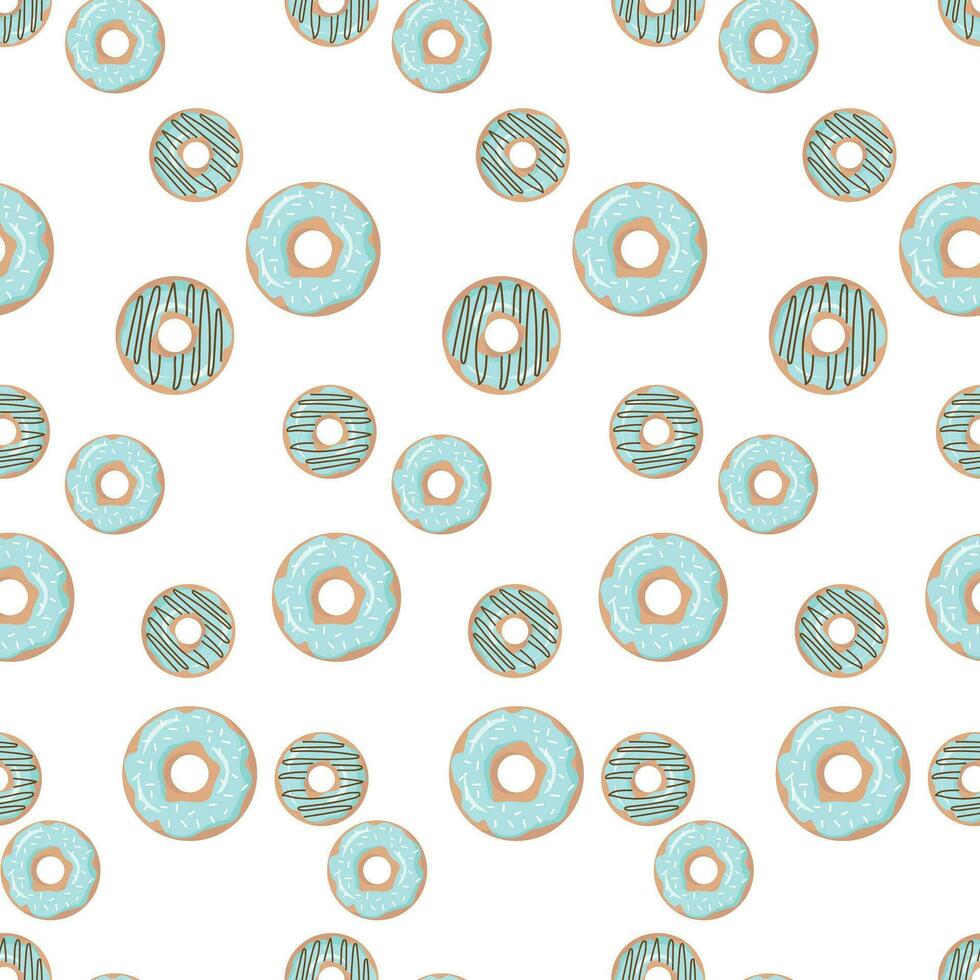 Hand drawn seamless pattern with colorful donuts with green glaze on a white background. Vector illustration