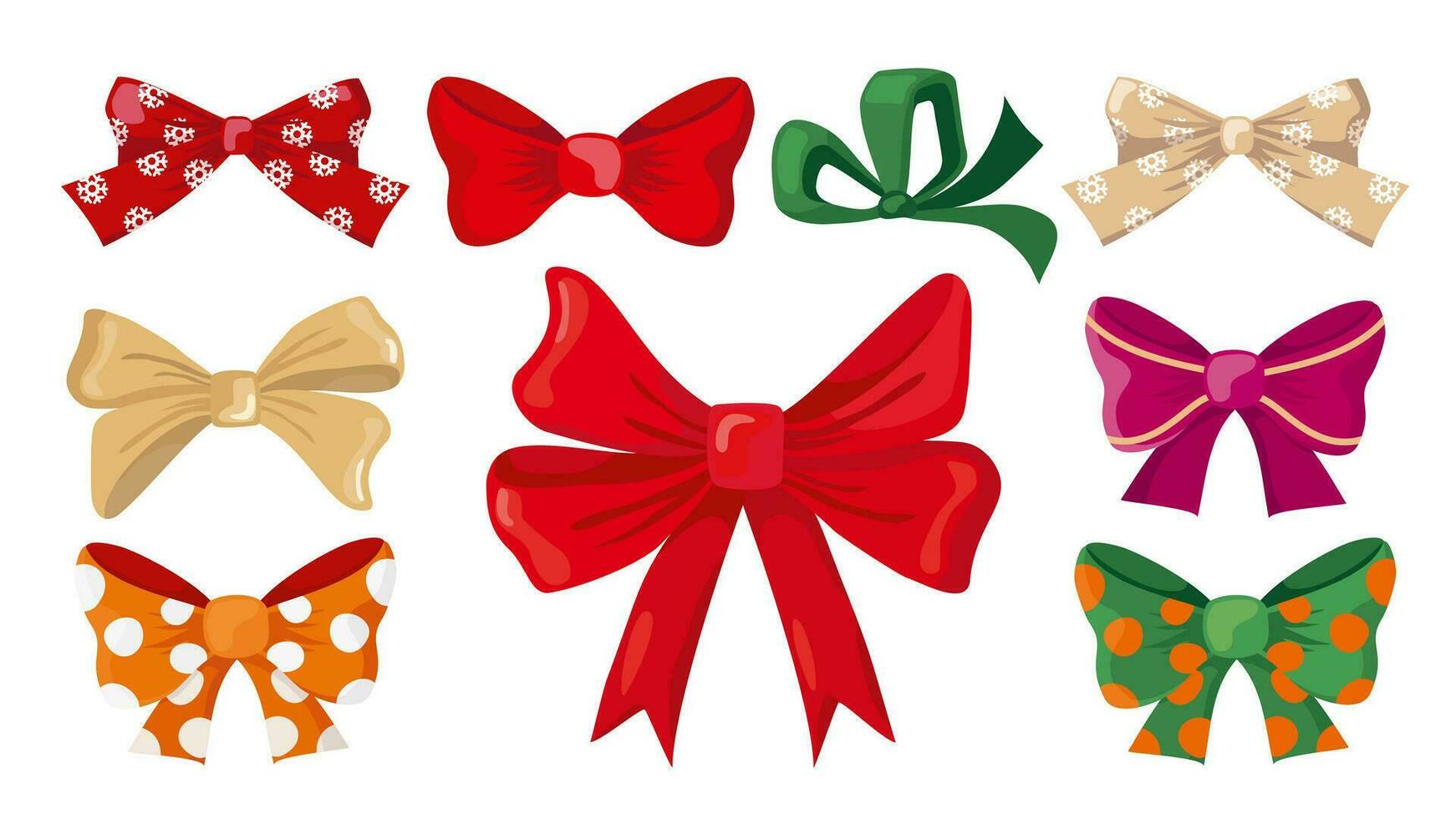 Christmas holiday bows for packing set. Red, gold, green bows. Polka dot bow. A bow with snowflakes. Illustrated vector clip art.