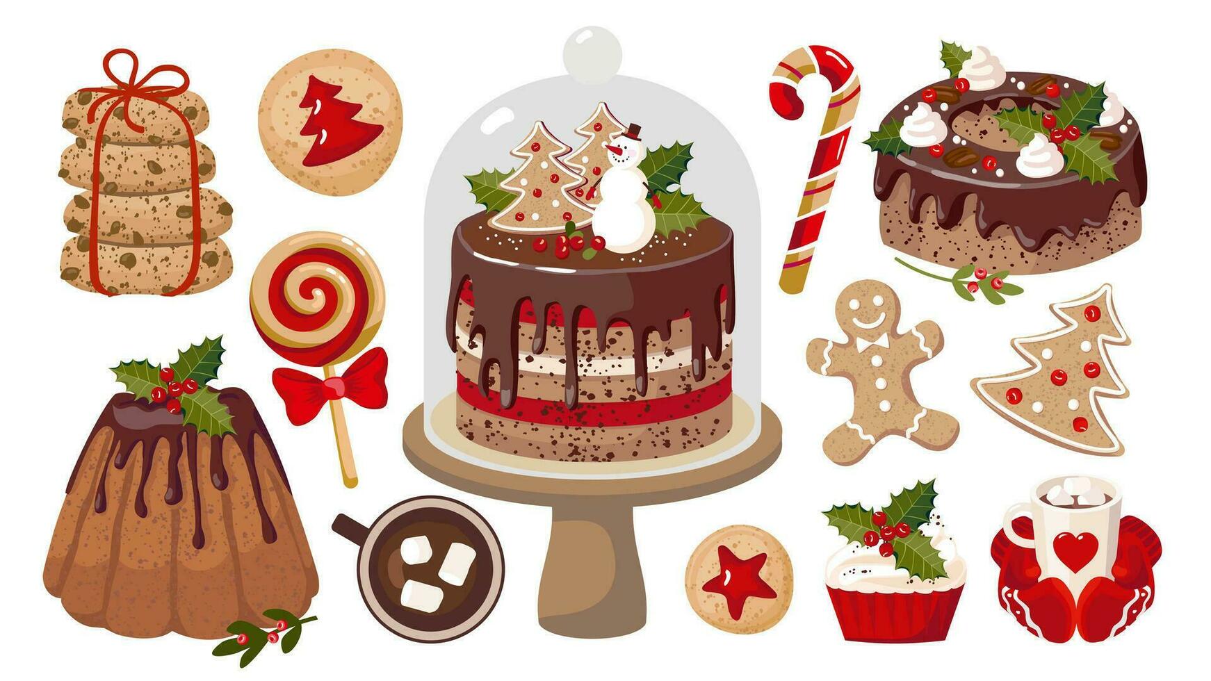 Christmas sweets set. A cake on a stand, a snowman, a lollipop, a caramel cane, ginger cookies, cocoa with marshmallows. Illustrated vector clip art.