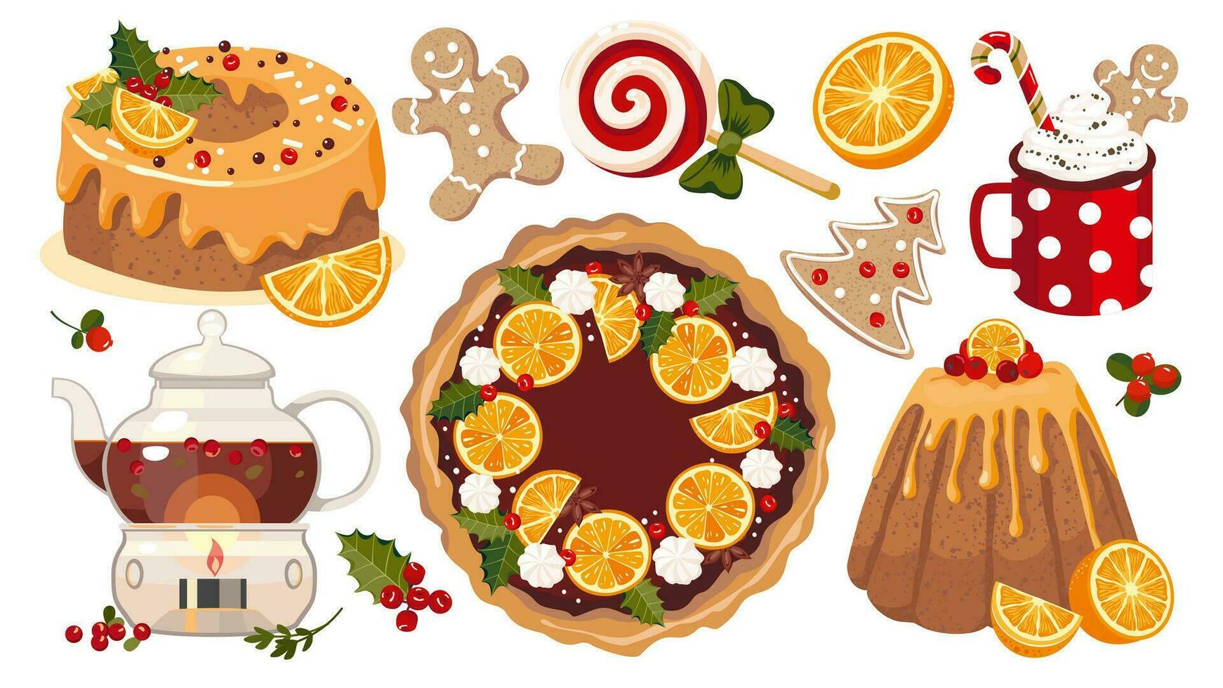 Christmas sweets orange set. Chocolate cake, cupcake, lollipop, caramel cane, ginger cookies, glass teapot on a candle. Illustrated vector clip art.