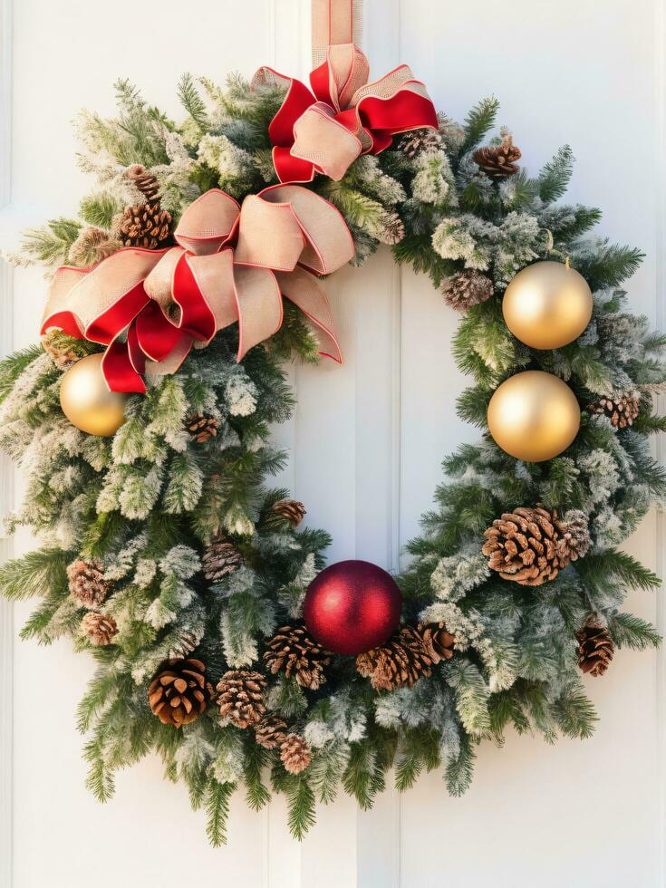 Decorated Door House with Christmas Wreath Ornaments using AI Generative photo