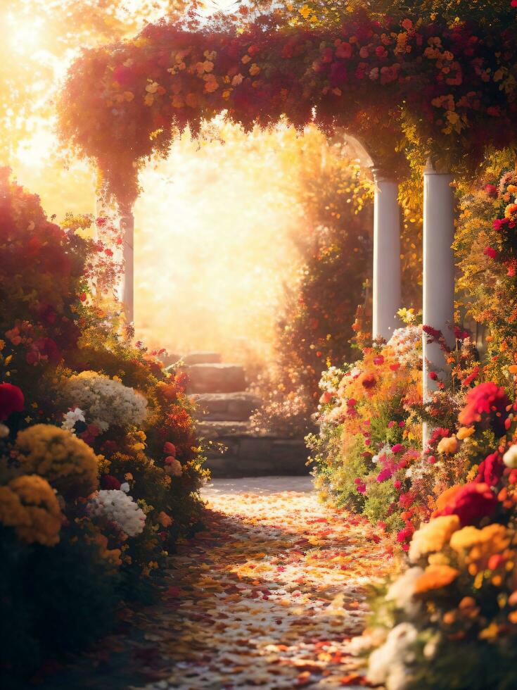 Beautiful archway decorated with floral composition outdoors in autumn season using ai generative photo