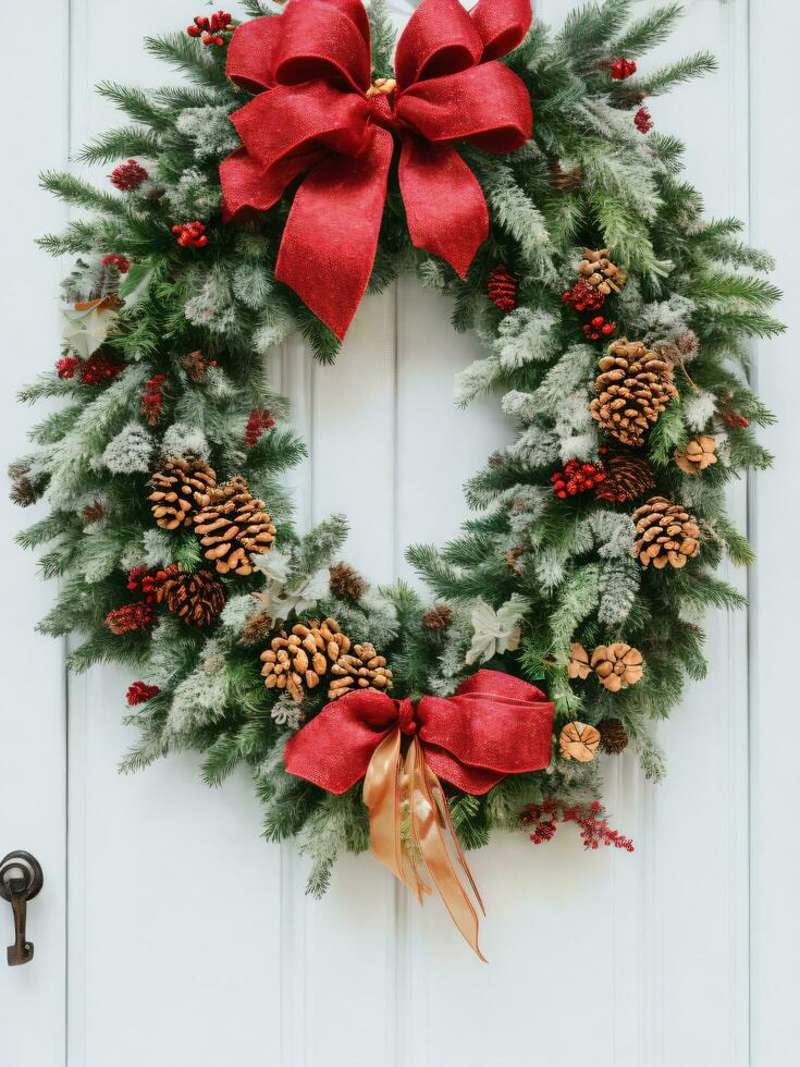 Door House Decorated for The Winter Holidays with Christmas Wreath using AI Generative photo